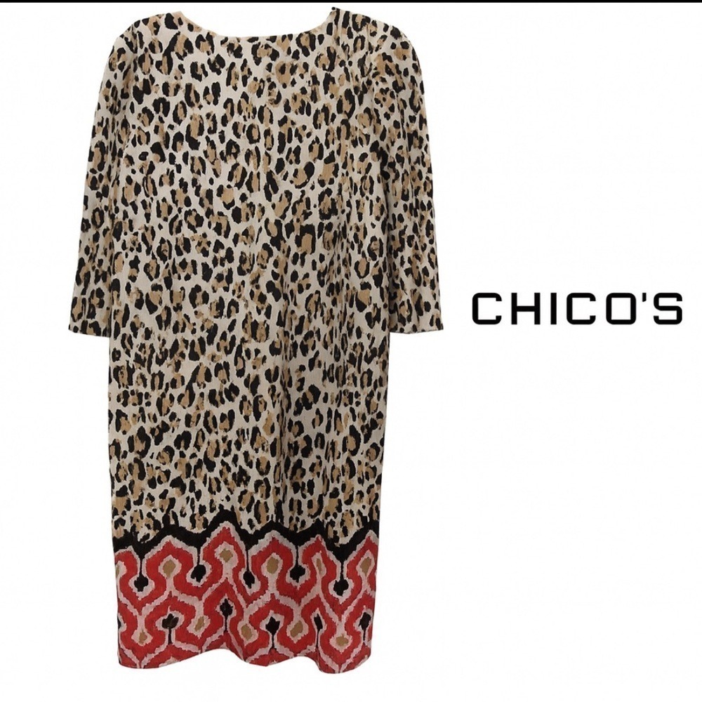 Chico's Animal Print Shift Dress 0 Small Red Border Stretch Bold Preppy